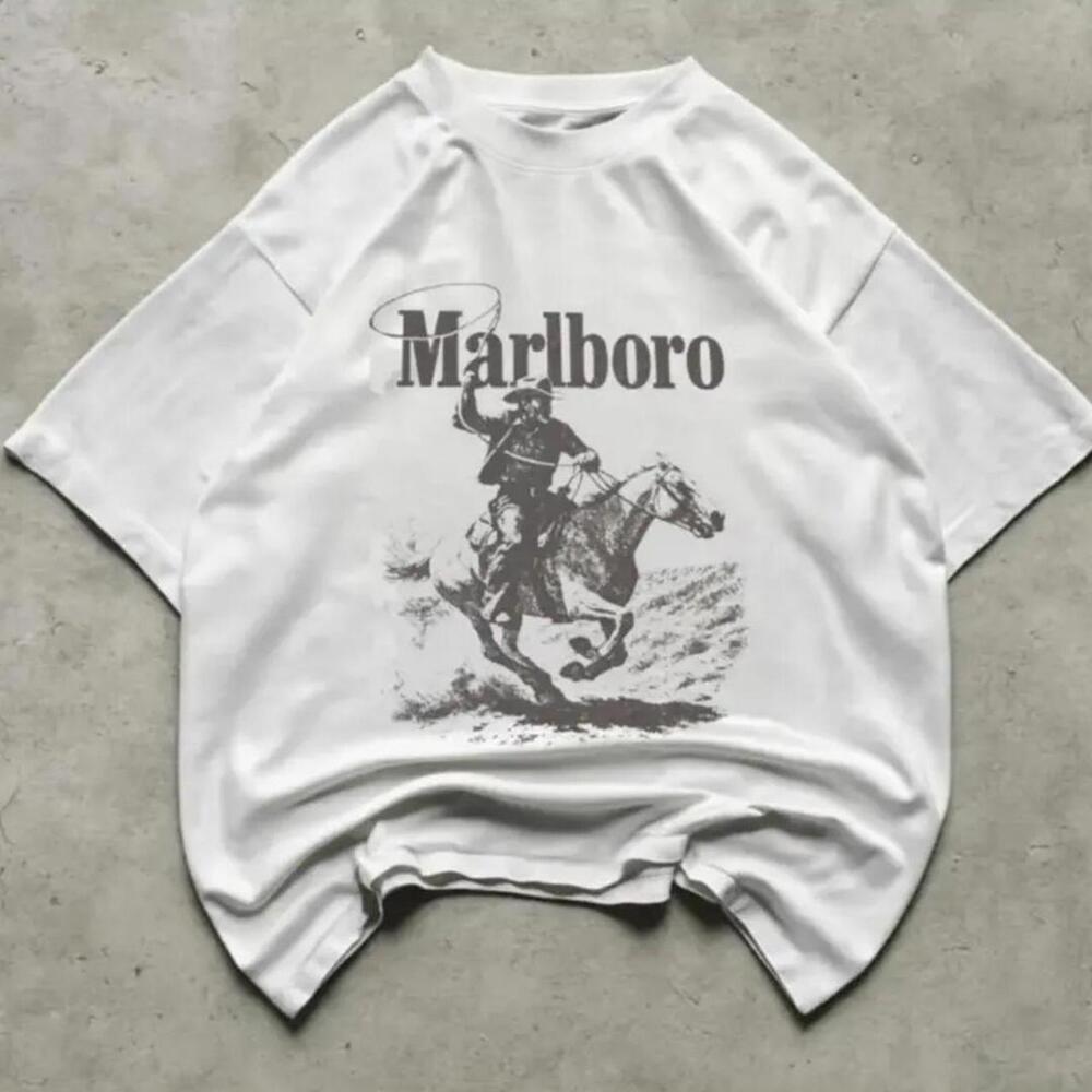 Gildan Men White T-Shirt, White Marlboro Cowboy Tee With Black Graphic